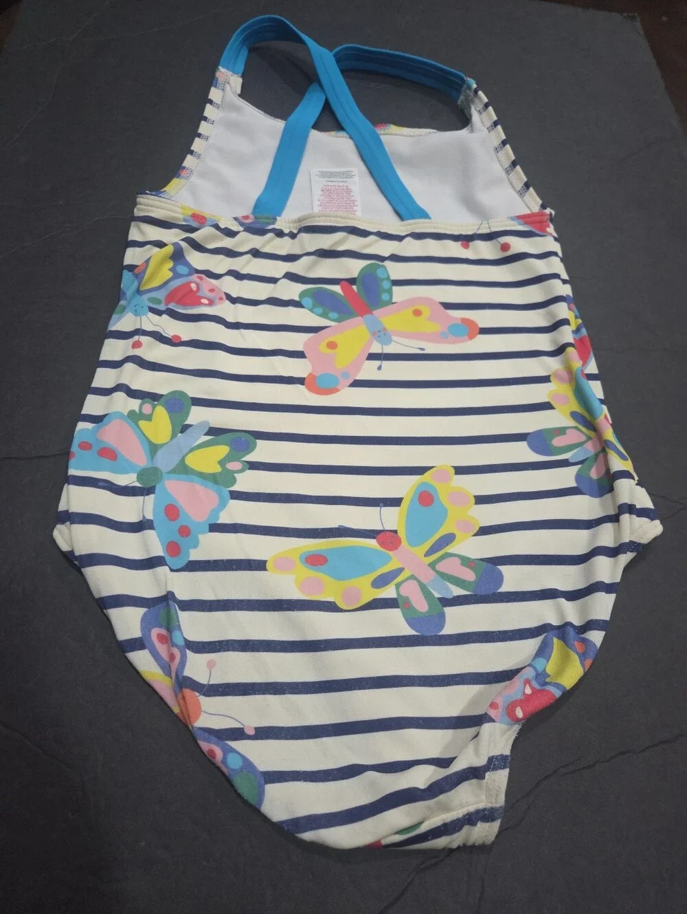 Boden Striped One-Piece with Multicolor Butterflies Swimsuit Sz.6-7